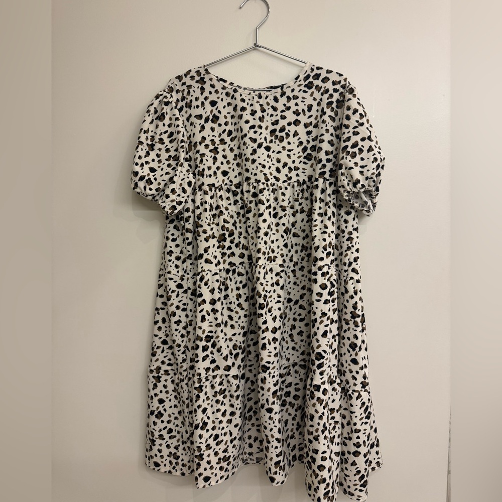 SHEIN Black and White Cheetah Print Puff Sleeve Babydoll Sundress